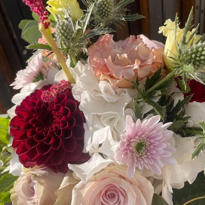 Bouquet aux dahlias grenat