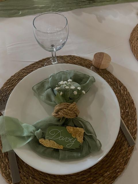 Dressage de table, serviette et brin de gypsophile